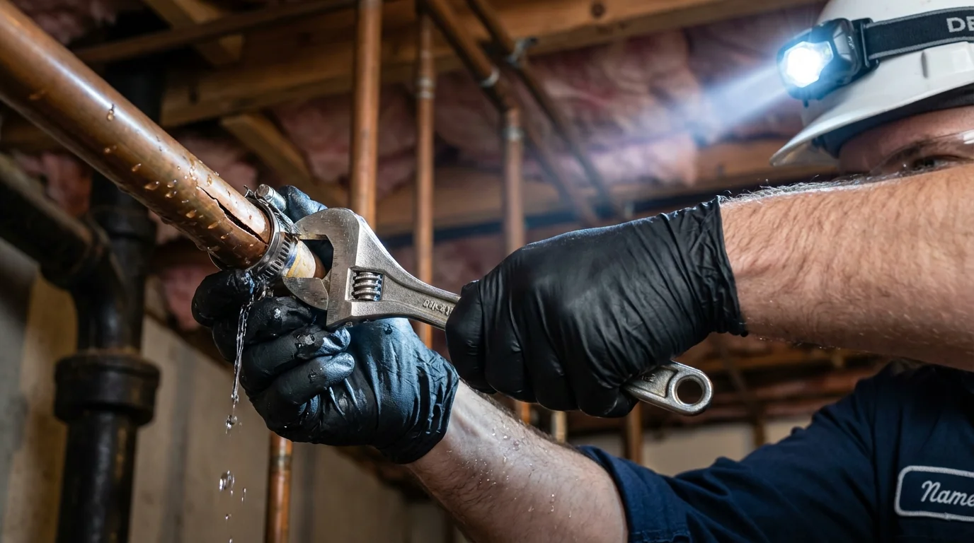 Emergency pipe clamp repair being performed by a Johns Plumbing LLC plumber in Point Pleasant Beach