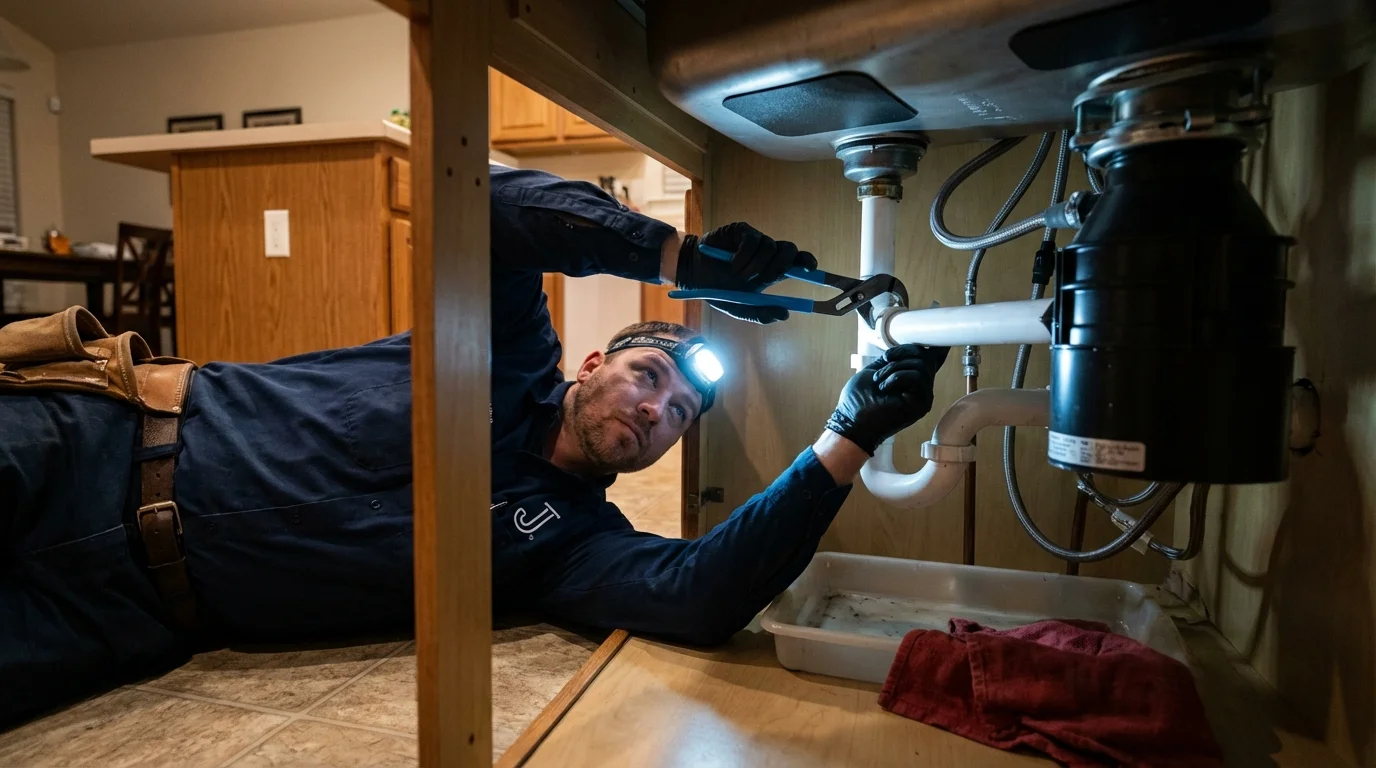 P-trap and supply line connections under a kitchen sink showing a common leak point in Point Pleasant Beach, NJ